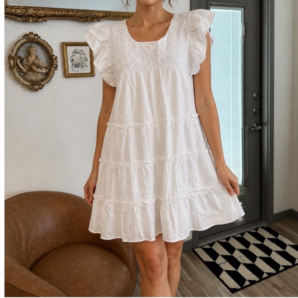 NEW J. Marie White Embroidered Ruffle Sleeve Tiered Mini Dress - Small E1